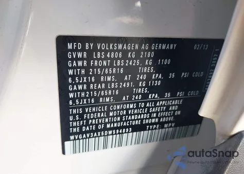 2013 Volkswagen Tiguan S z USA, uszkodzony, nr VIN WVGAV3AX5DW594893